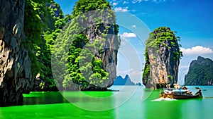 Longtail boat at Ha Long bay, Quang Ninh province, Vietnam, Amazed nature scenic landscape of James Bond Island with a boat for a