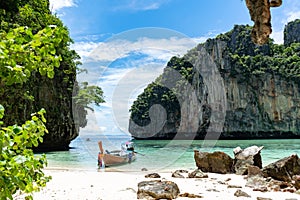 Longtail boat on Loh Samah Bay Phi phi Island Thailand Beautiful island in thailand