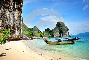 Longtail boats along the beautiful Thailand beach