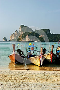 Longtail boats anchored at Ao Loh Dalum beach on Phi Phi Don Isl