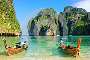 Longtail boats anchored at Maya Bay on Phi Phi Leh Island, Krabi Province, Thailand