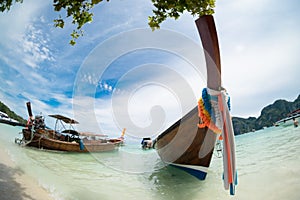 Longtail boats anchored at Phi Phi Don Island Krabi Province Thailand