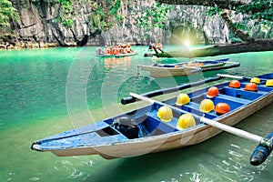 Longtail boats at cave entrance of Puerto Princesa Philippines