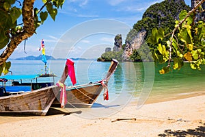 Longtail Boats Moored At Aonang Beach in Thailand