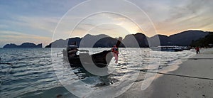 Longtail boats moored at beach of Phi Phi Island, Thailand