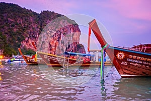 Longtail boats on Railay Beach in twilights, Krabi, Thailand