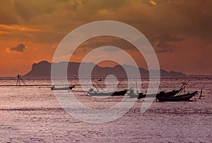 Longtail-boats during sunset in Koh Samui, Thailand
