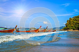 Longtrail boat in MAYA Bay Phi Phi Islands Andaman sea Krabi Th