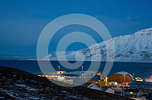 Longyearbyen industrial part of town in the polar night noon