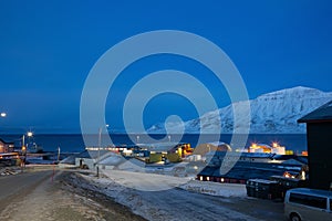 Longyearbyen industrial part of town in the polar night noon