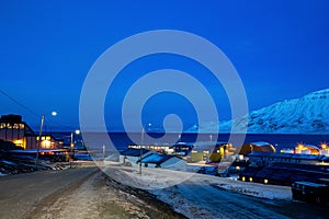 Longyearbyen industrial part of town in the polar night noon