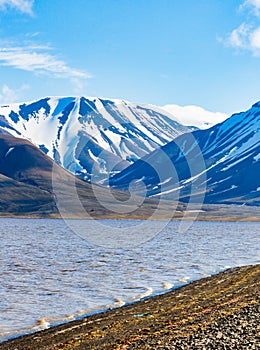 Longyearbyen snow capped mountains next to bay