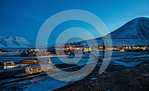 Longyearbyen town in the polar night noon