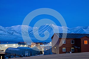 Longyearbyen town in the polar night noon
