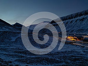 Longyearbyen town in the polar night noon photo
