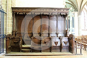 Lonlay Abbey. Normandy France Wooden choir seating