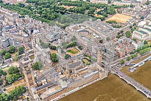 Lonon. Aerial view of Westminster and Big Ben from helicopter