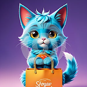Look at this adorable cartoon cat carrying a shopping tote bag! It\'s so cute with its big eyes and friendly smile.