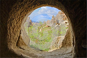 A look from an ancient cave dwelling on the mountains of Cappadocia