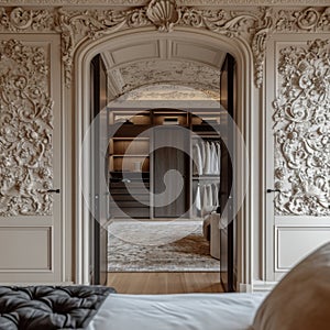 a look into a walkin wardrobe in a luxurious victorian appartement photo