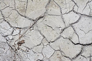 Look down on crack dried mud surface of the ground.