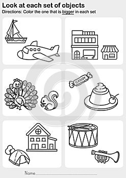 Look at each set of objects - Color the one that is bigger in each set