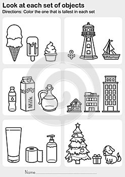 Look at each set of objects - Color the one that is tallest in each set photo
