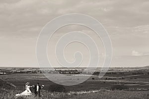 A look from far on the wedding couple walking on the field