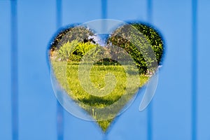 look through a heart shaped hole at a garden gate
