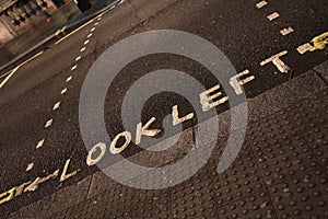 Look left sign on a London street