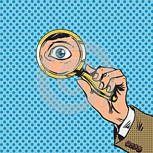 Look through a magnifying glass searching eyes pop