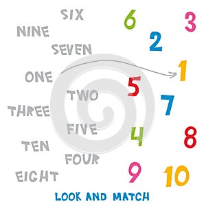 Look and Match the numbers 1 to 10. Kids words learning game, worksheets with simple colorful graphics. children educational Learn