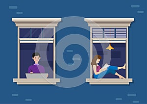 Look at the neighbors in the window cartoon characters in an apartment with people reading and working, vector illustration house