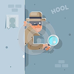 Look our corner spy magnifying glass mask detective cartoon character flat design vector illustration