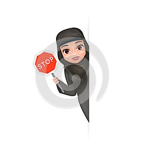 Look out corner protest fight for equal rights stop sign arabe tradicional female clothing hijab abaya 3d cute cartoon photo