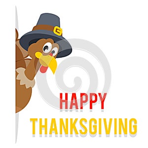 Look out of corner thanksgiving turkey in pilgrim hat flat design vector illustration