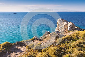 Look over sea and shore in Santa Teresa Gallura town in Sardinia Italy