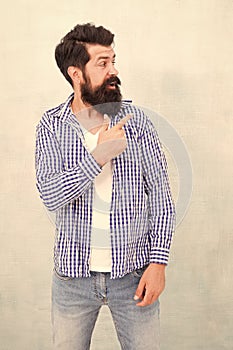 Look over there. Male casual fashion style. barber care for real men. brutal hipster with mustache. Mature hipster with