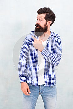 Look over there. Male casual fashion style. barber care for real men. brutal hipster with mustache. Mature hipster with