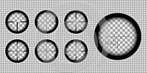 A look through sniper or hunting rifle scope with various reticles