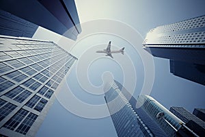 Look up at aircraft is flying modern urban office buildings in S