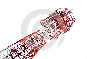 Look up view of Telecoms tower with transmitter antenna on white background