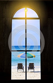 Look through the window with beach view, summer time