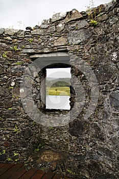 Look by a window of Kilchurn Castle, in the hole Awe on a lonesome tree in Highlands of Scotland