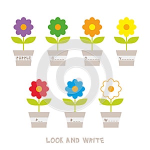 Look and write. flowers in pots. Kids words learning game, worksheets with simple colorful graphics and fill the blanks words. chi