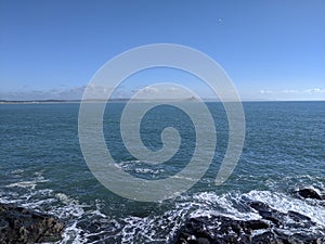 Looking across Mount& x27;s Bay from Penzance, Cornwall, UK, on a clear sunny day.