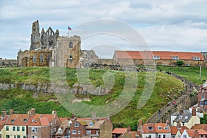 Looking across towards the 199 steps, leading up to St Mary\'s Church and Whitby Abbey. North Yorkshire.