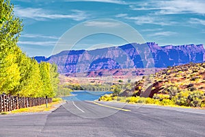 Looking back towards Moab Panorama views of desert mountain ranges along Highway 191 in Utah in fall. Scenic nature near Canyonlan