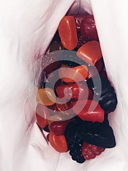 Looking into a bag of fruit snacks