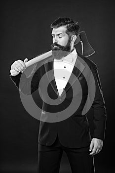 Looking for barber. Bearded man carry axe. Brutal barber. Axe shaving. Barbershop